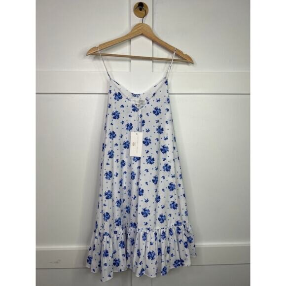 NWT Caroline Constas V-Neck Spaghetti Blue Spot Floral Laurel Mini Sundress - Picture 2 of 7
